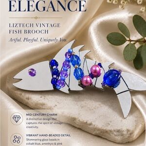 LIZTECH Vintage 90’s Handcrafted FISH Brooch Pin Blue & Pink Beaded Women Signed